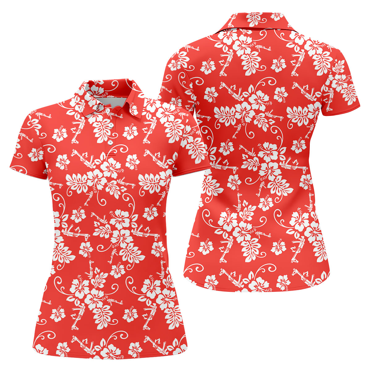Tropical Flower Red Golf Shirt, Hawaiian Golf Shirt, Ladies Golf Tops, Golf Shirt For Women