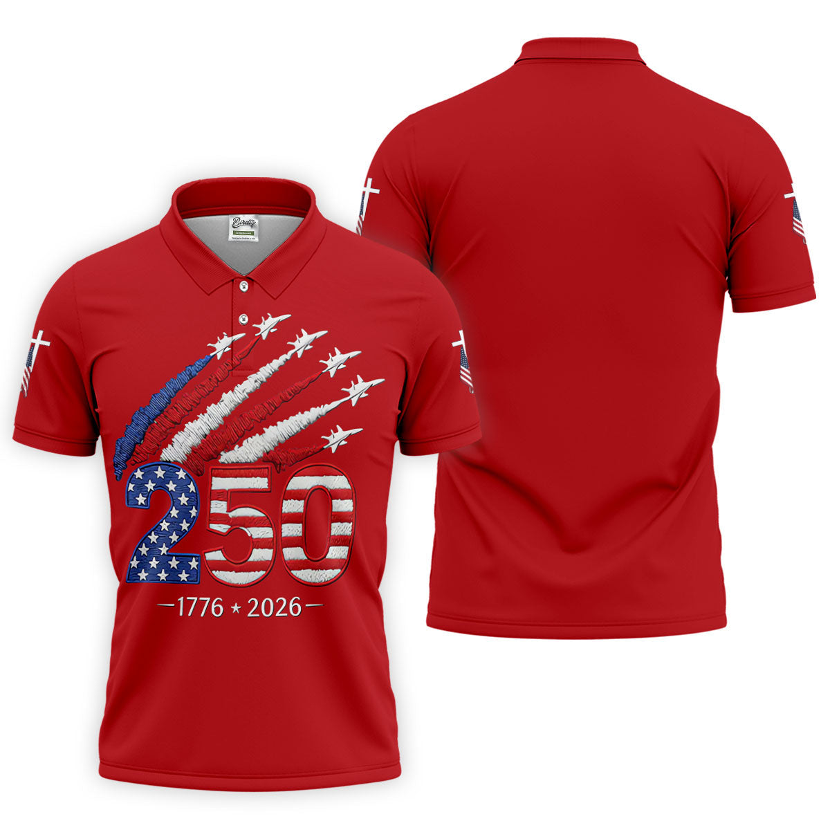 Flying Fighter Jets Faith Cross Patriotic 4th Of July Red Golf Shirt, 250 Years Golf Shirts For Men