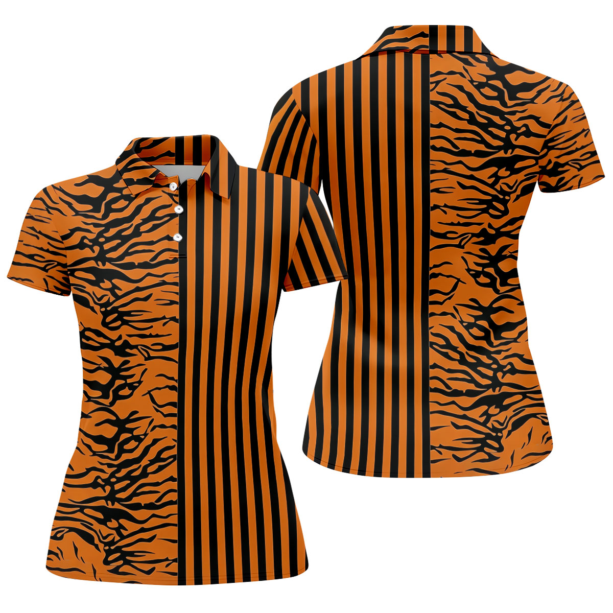 Orange Tiger Stripe Split Pattern Golf Shirt, Women's Golf Tops, Ladies Golf Shirts, Printed Golf Shirt