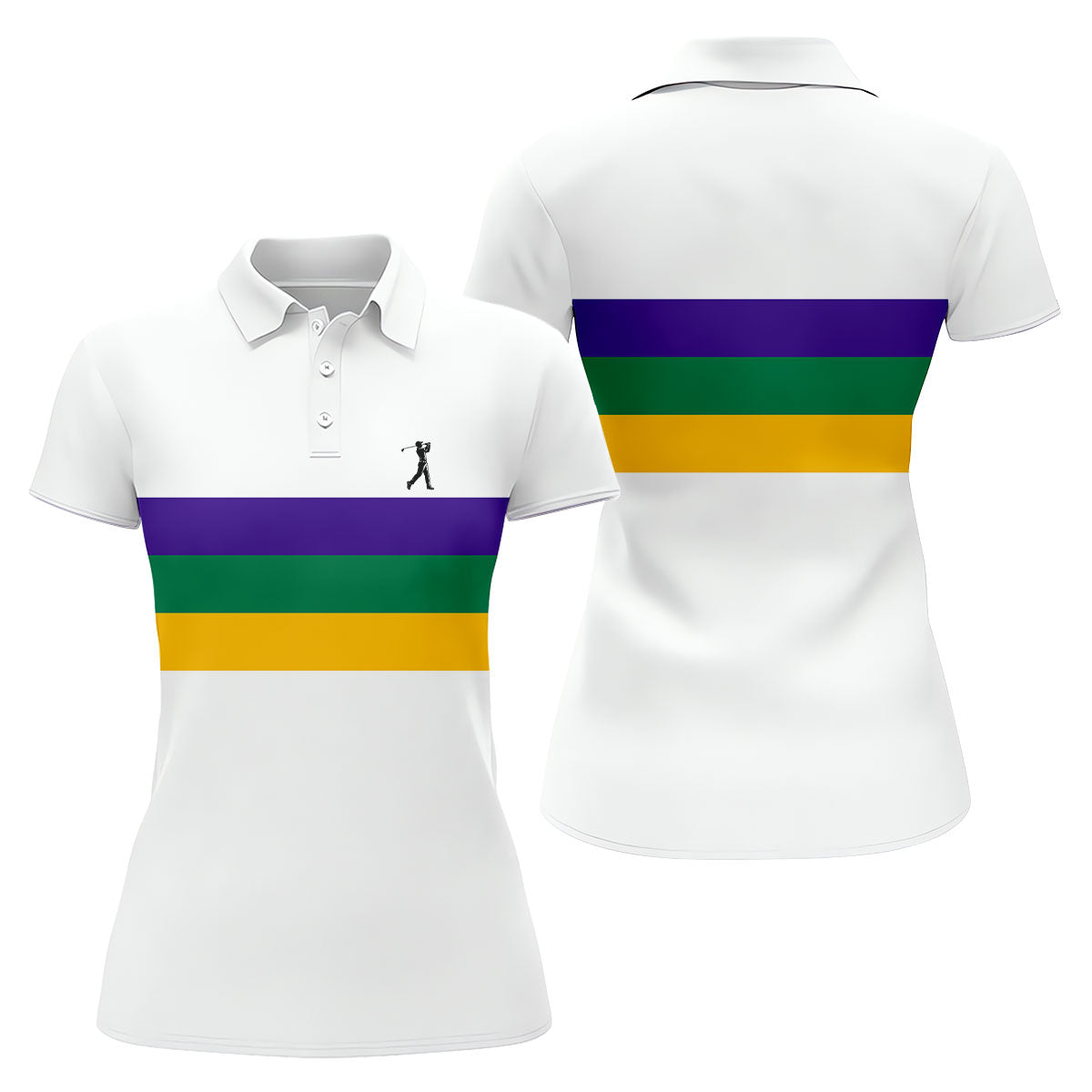 Mardi Gras Purple Green Gold Horizontal Stripes White Golf Shirt, Women's Golf Shirts, Ladies Golf Polos