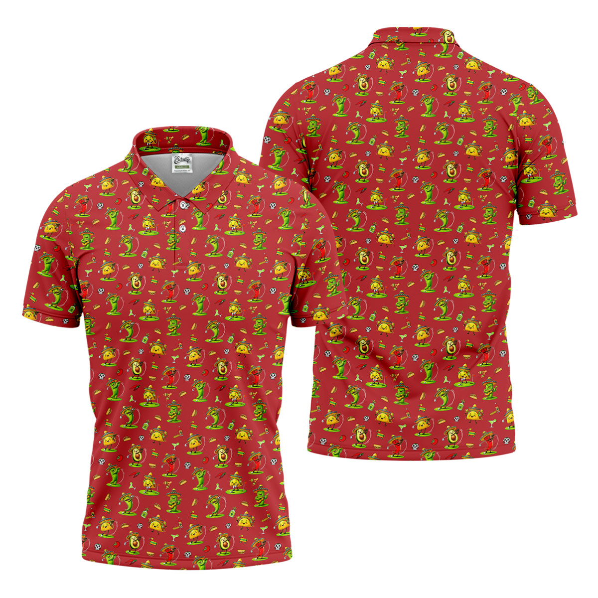 Mexican Cartoon Food Characters Cinco De Mayo Celebration Fiesta Themed Red Golf Shirts For Men