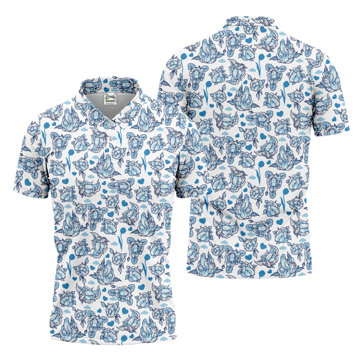 Blue Rose Floral Heart Pattern Golf Shirt, Polo Shirts For Men, Printed Golf Shirts
