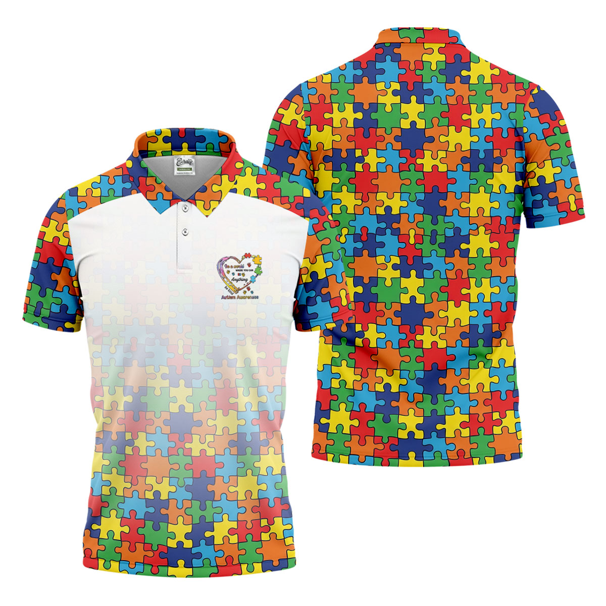 In A World Where You Can Be Anything Be Kind Autism Awareness Puzzle Pattern White Fade Golf Shirts For Men