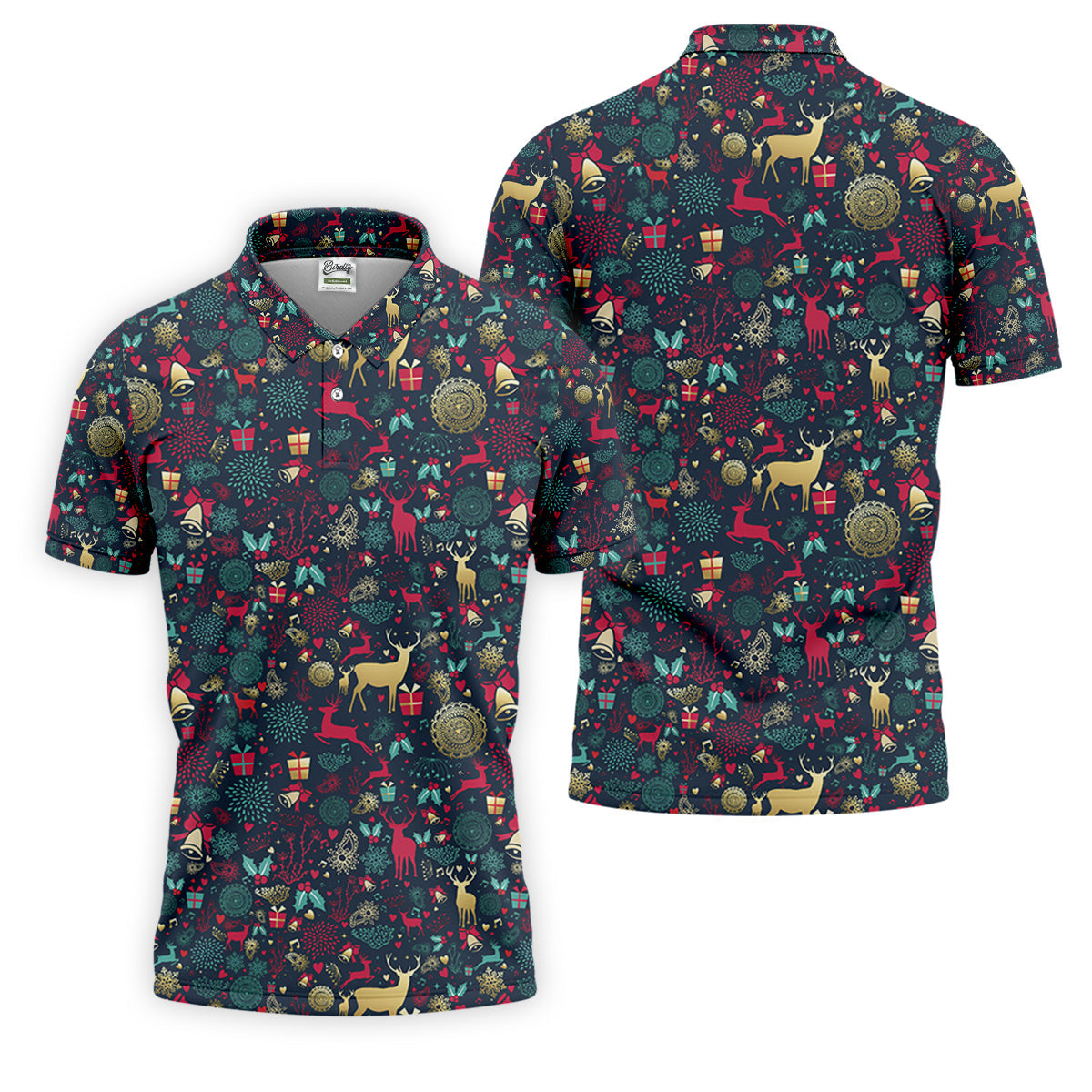 Vintage Reindeer Bell Dark Navy Christmas Golf Tops For Men, Gift Christmas Golf Shirt Polos, Men Golf Apparel