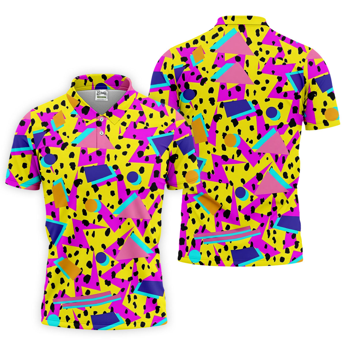 Retro Neon Geometric Shapes Yellow Golf Shirt, Golf Shirts For Men, Mens Golf Apparel, Polo Shirts For Men