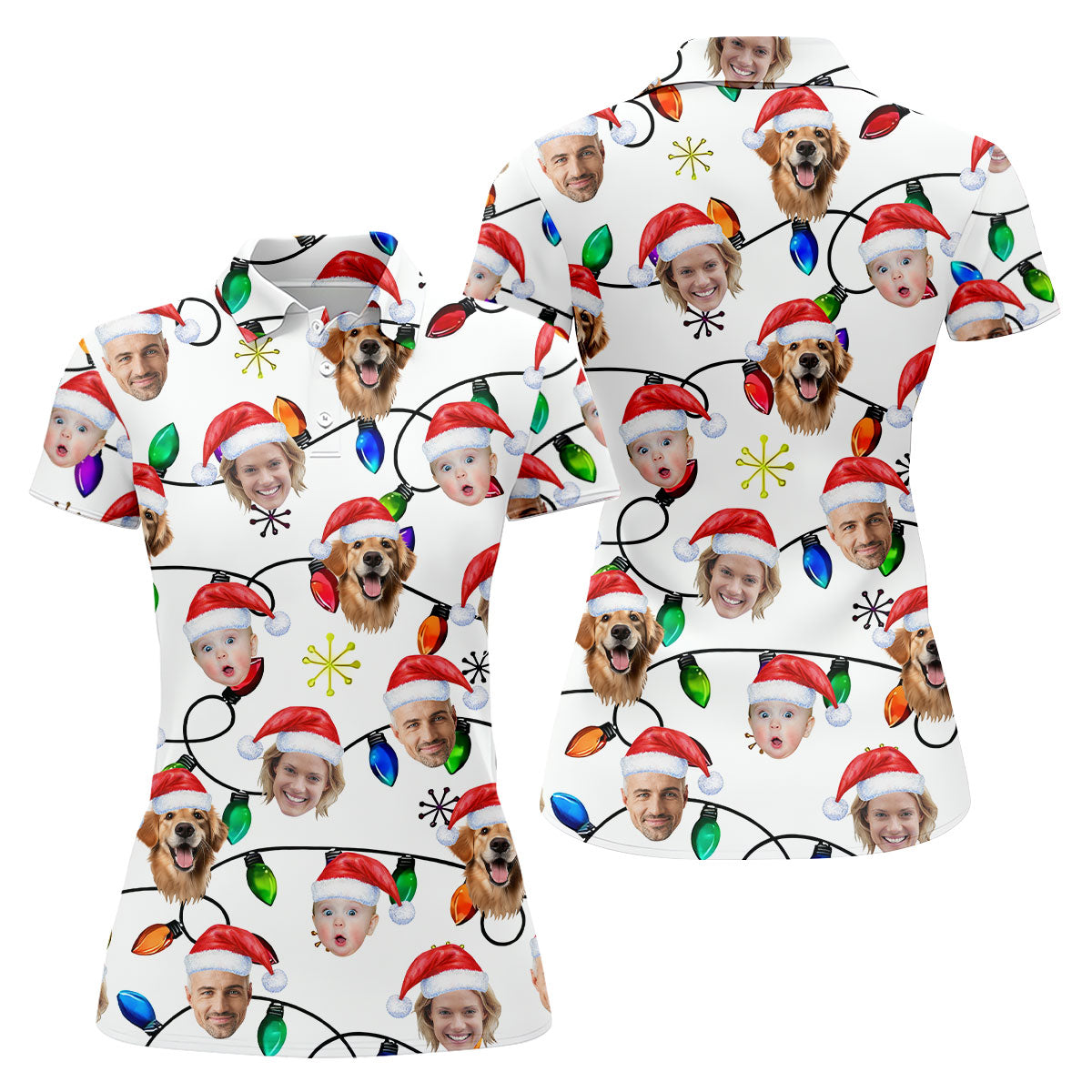 Custom Family Portrait Christmas Lights Pattern Women Golf Top, Christmas Golf Shirt, Ladies Golf Tops