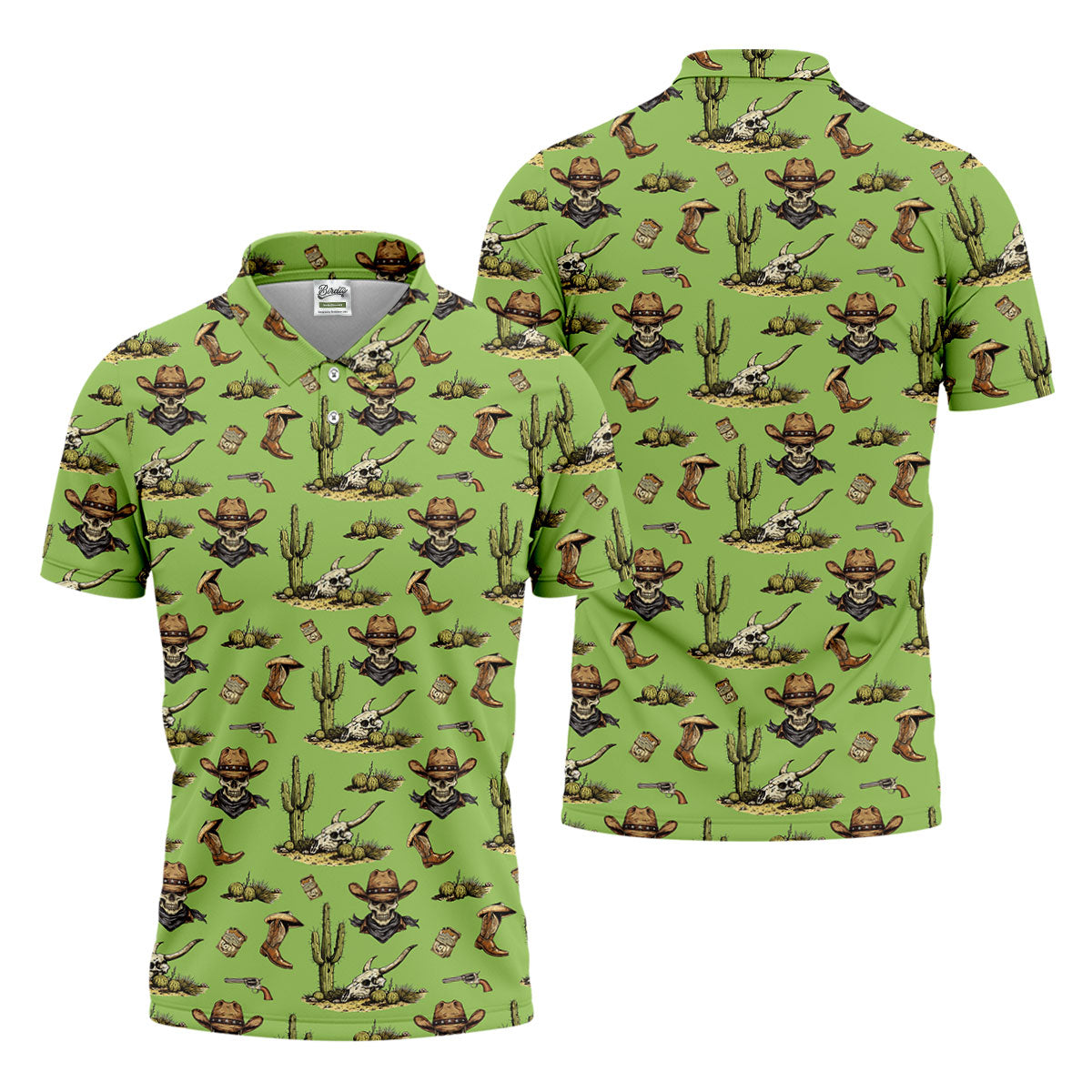 Cowboy Skeleton Longhorn Cow Skull Western Theme Sage Green Golf Tops For Men, Golf Shirts For Men