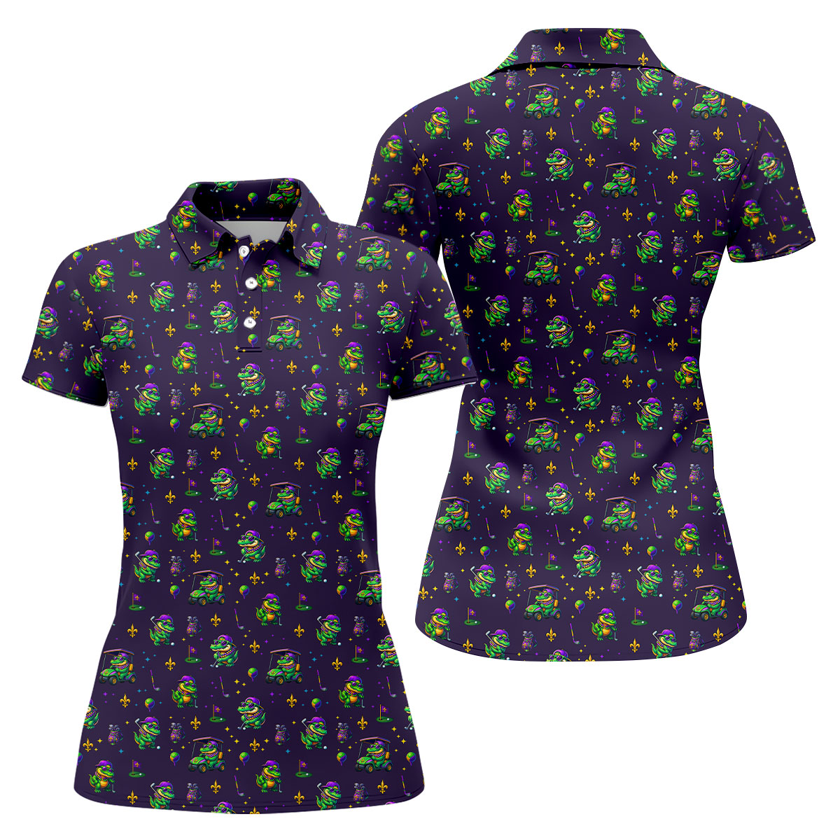 Funny Crocodile Mardi Gras Golf Shirts, Purple Golf Shirt, Festive Women Golf Top, Ladies Golf Shirts