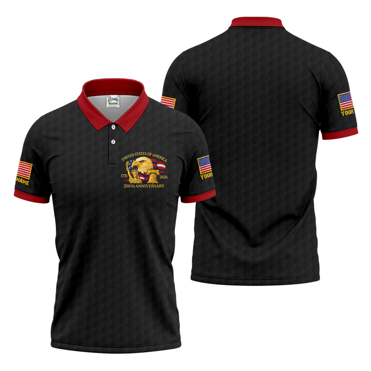 United States 250th Anniversary Patriotic Eagle Black Custom Golf Shirts, 4th Of July Golf Shirts For Men