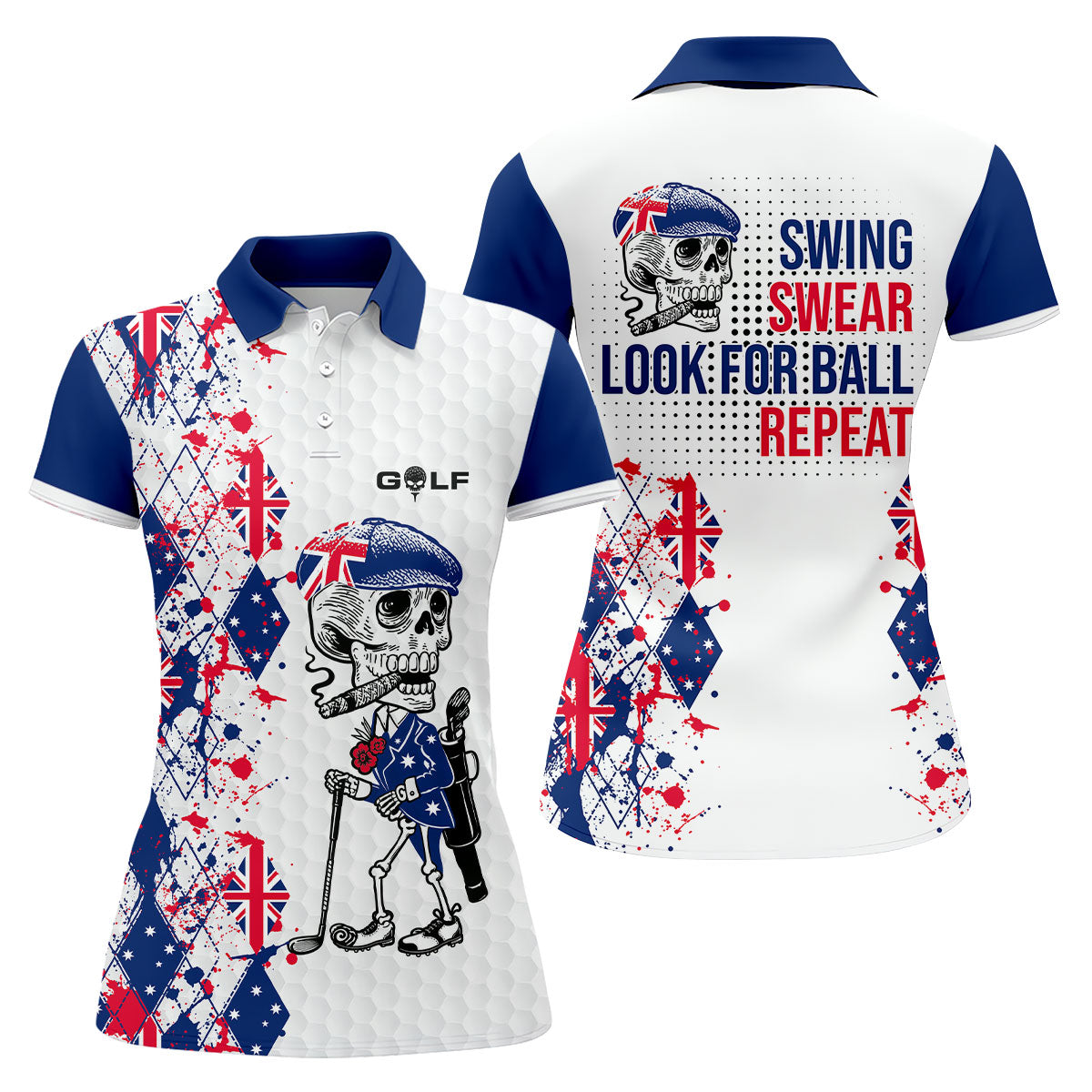 Swing Swear Look For Ball Repeat Australia Flag Print Skeleton Golfer Argyle Golf Shirt, Women's Golf Tops