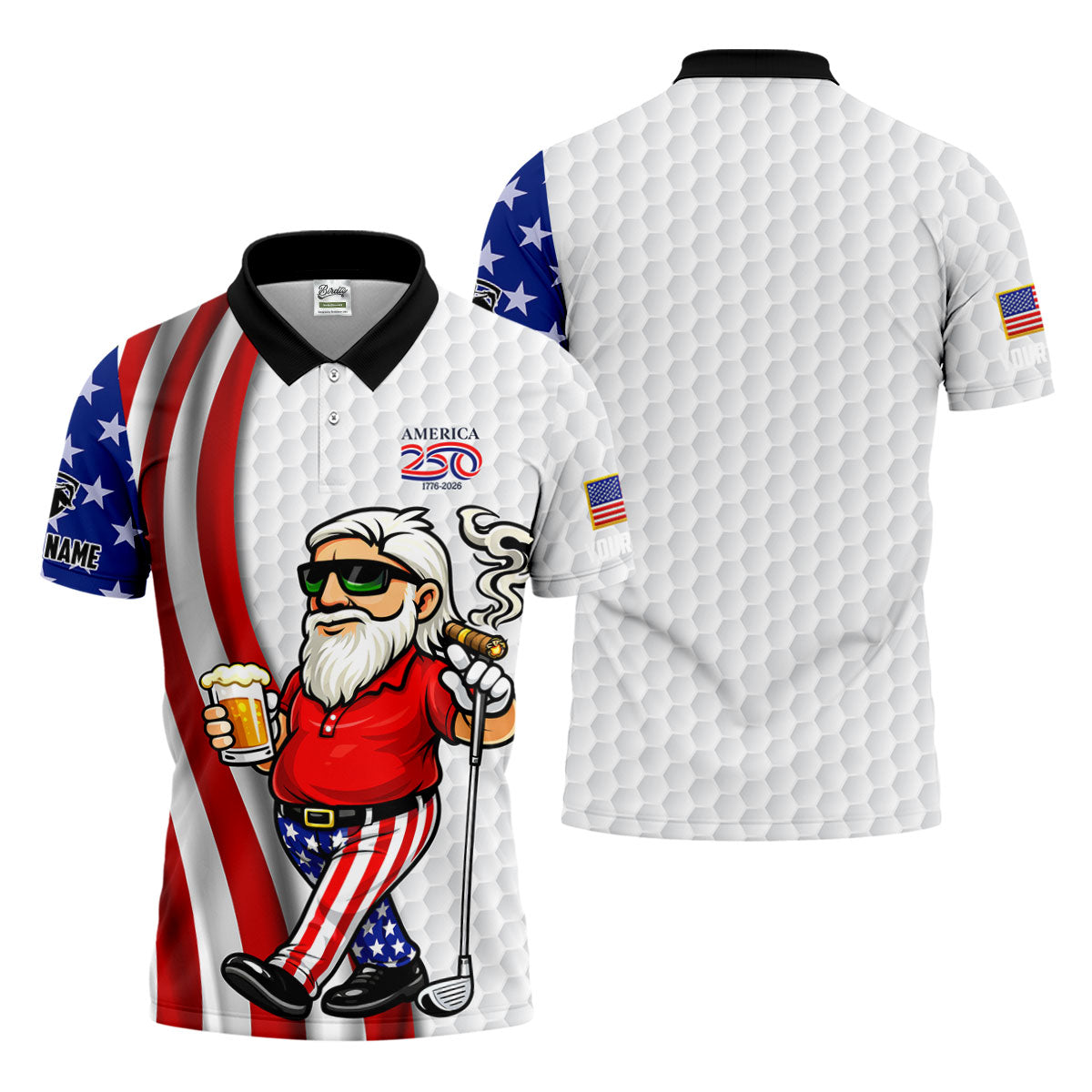 America 250 Patriotic Man 4th Of July White Golf Shirt, Golf And Beer Golf Shirts For Men