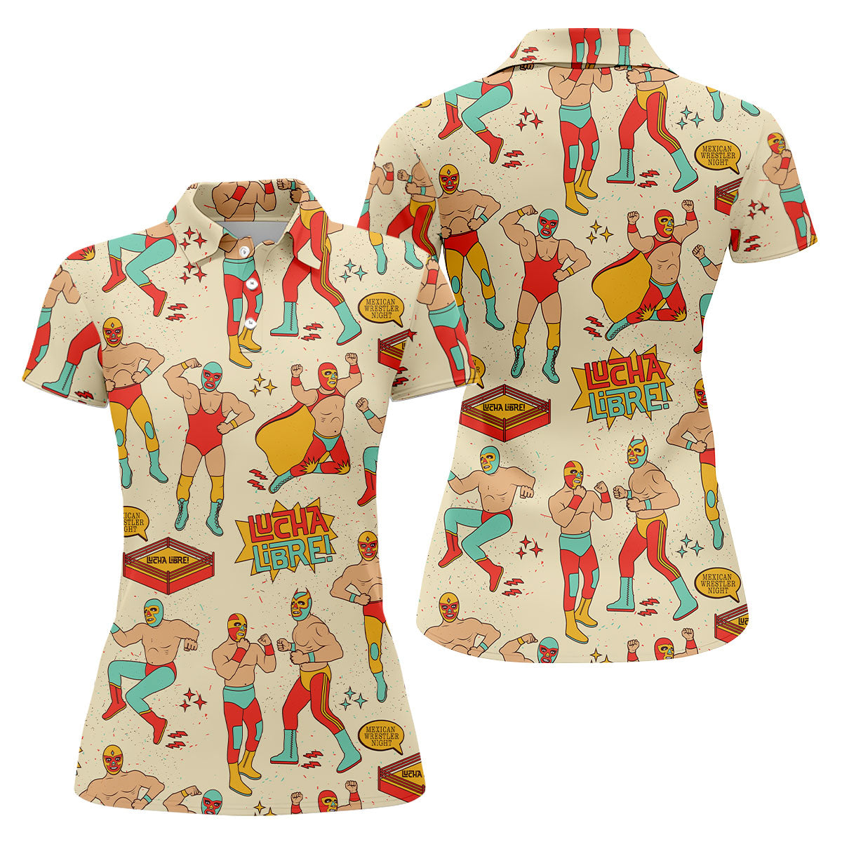 Beige Lucha Libre Mexican Wrestler Pattern Golf Shirt, Women's Golf Tops, Printed Golf Shirt