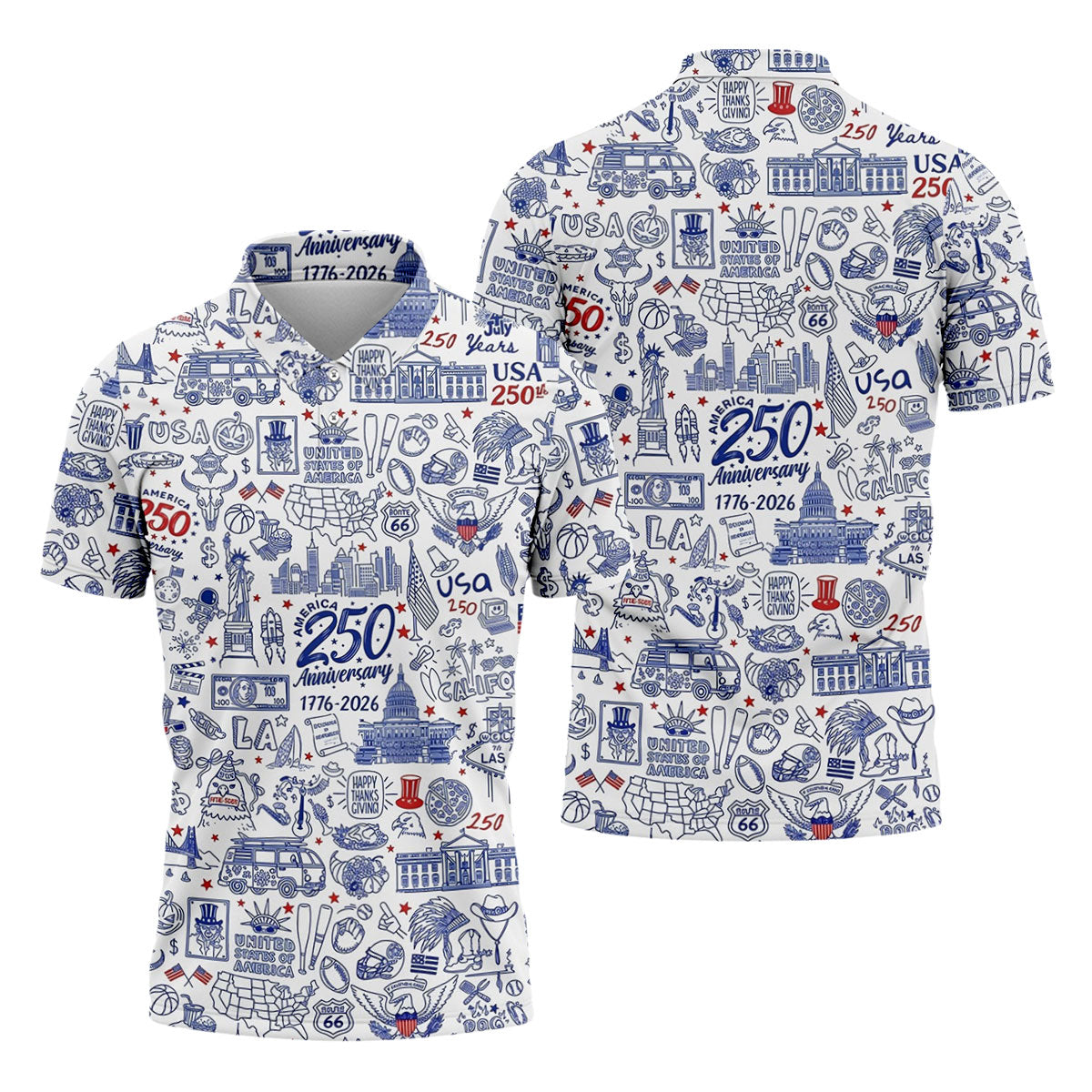 America 250 Anniversary US Symbols Doodle Pattern Patriotic Golf Shirt, 4th Of July Golf Shirts For Men