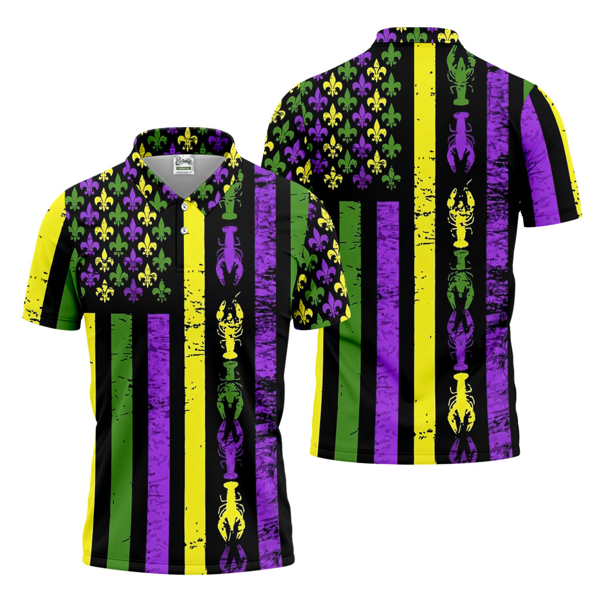 Mardi Gras Flag Fleur-De-Lis Symbol Crawfish Pattern Golf Tops For Men, Polo ShirtFor Men, Golf Shirts For Men