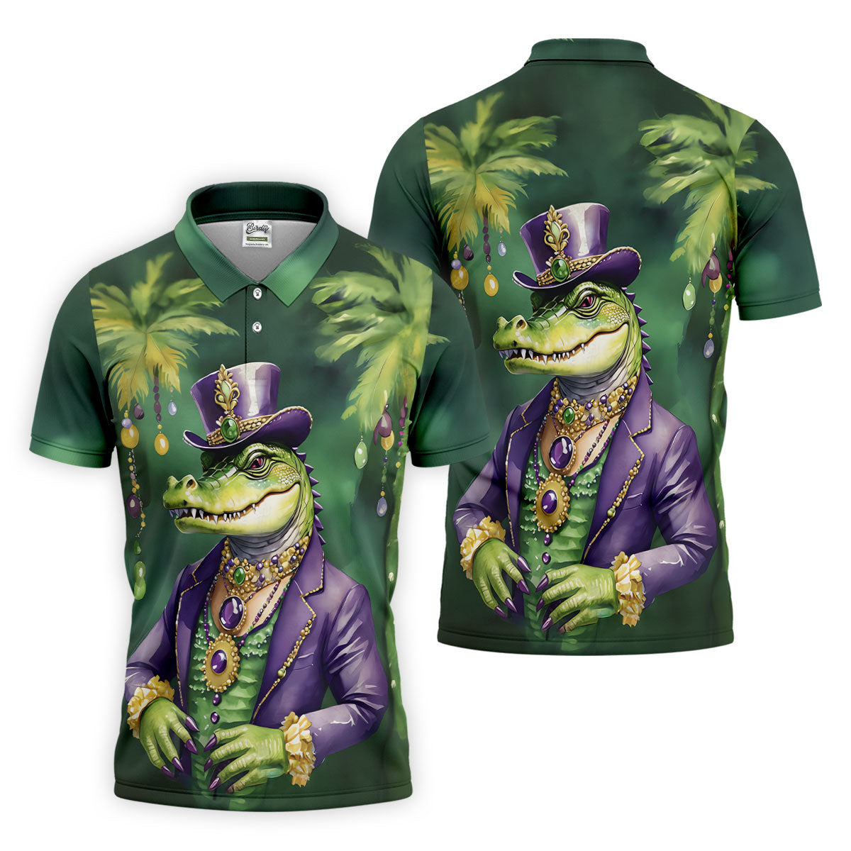Mardi Gras Alligator Decorated Palm Tree Print Golf Shirt, Polo ShirtFor Men, Golf Shirts For Men