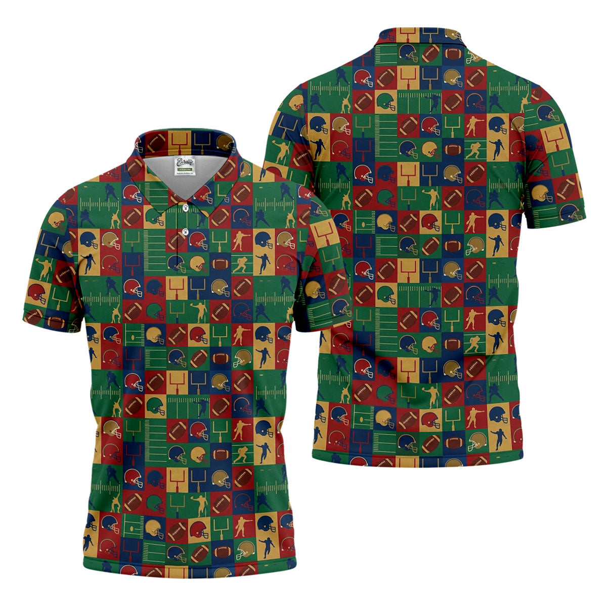 Football Pattern Square Grid Sport Polo, American Football Shirt, Game Day Football Theme Polo For Men