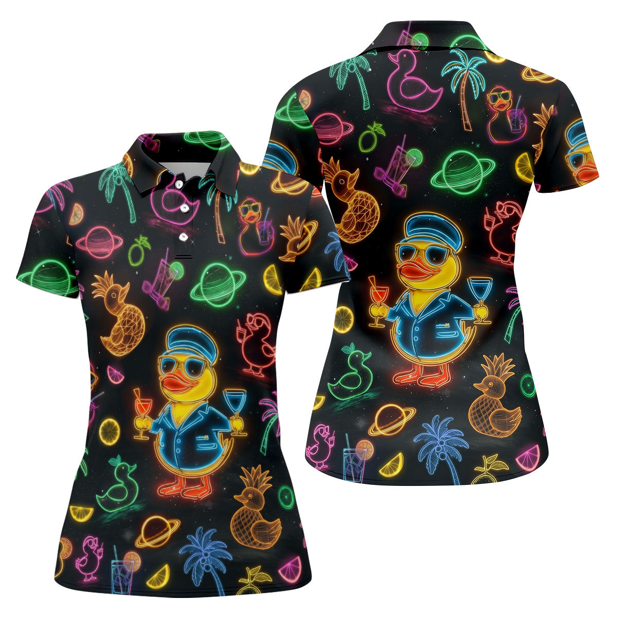 Jet Black Neon Duck Tropical Pattern Golf Shirt, Women's Golf Shirt, Hawaiian Golf Shirt, Golf Polo For Women