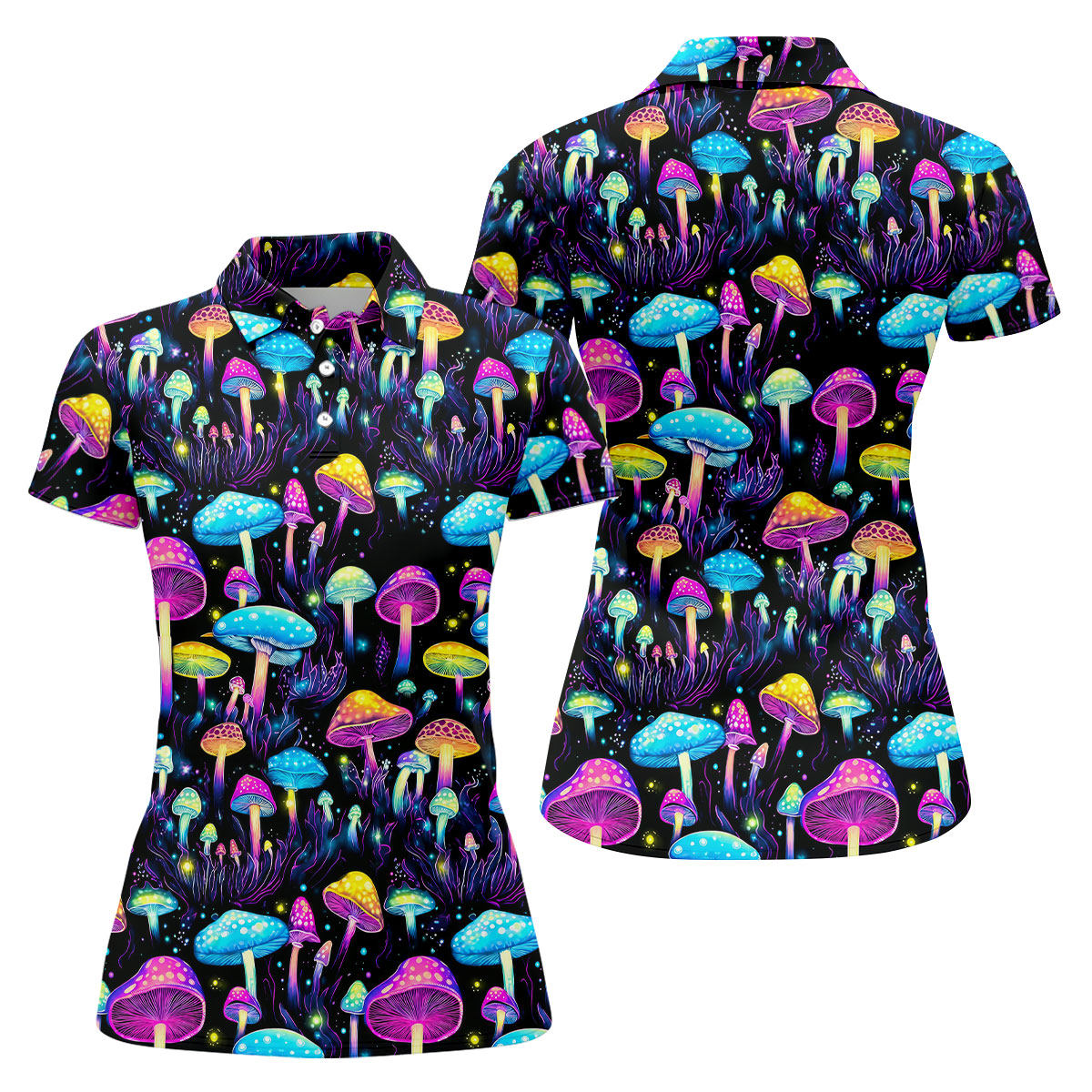 Colorful Neon Mushroom Fantasy Forest Golf Shirt, Women’s Golf Polo, Golf Tops For Women, Printed Golf Shirt
