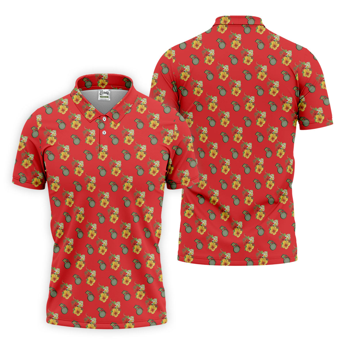 Hibiscus Flowers Green Grenades Seamless Pattern Red Golf Shirt, Golf Tops For Men, Golf Shirts For Men