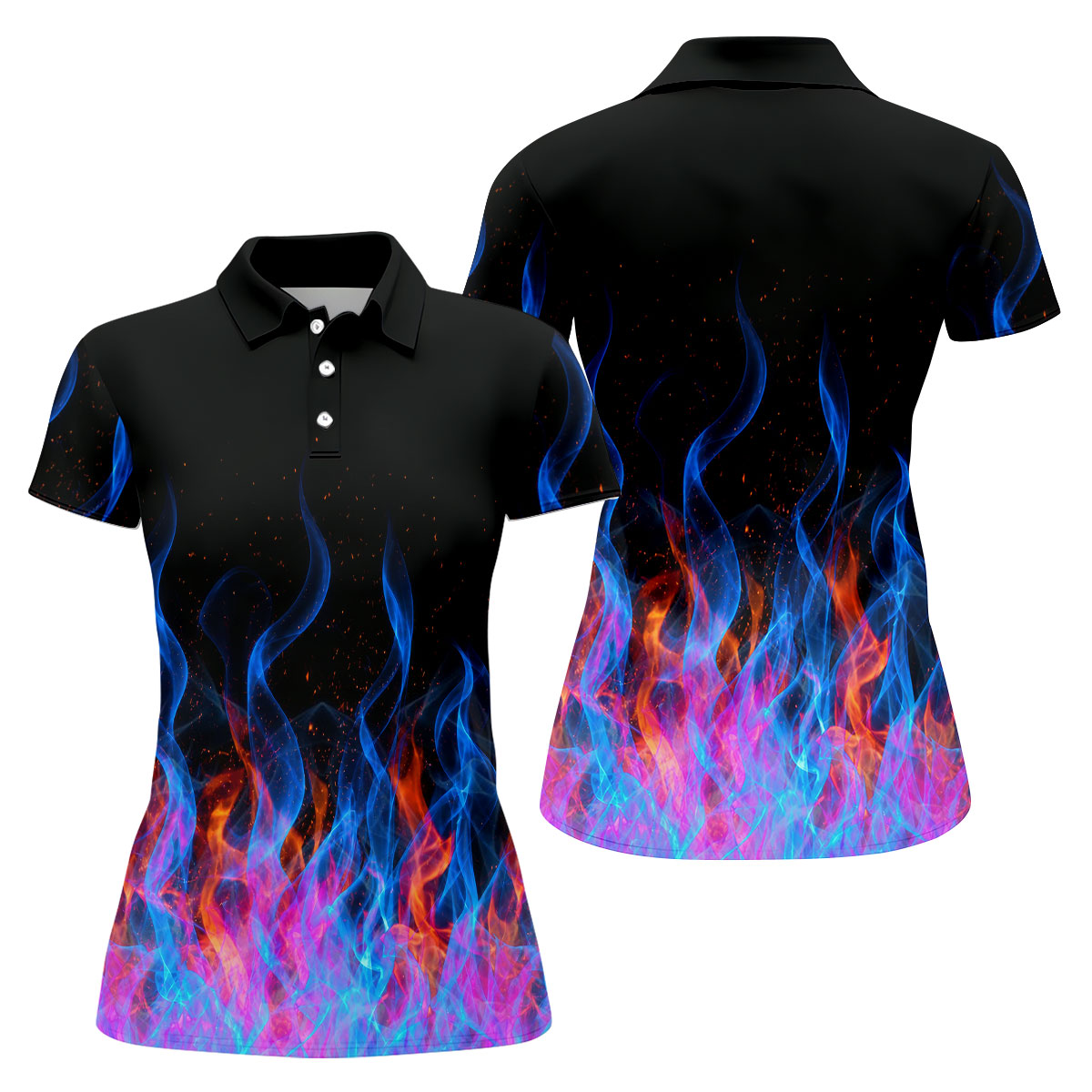Black Blue Flame Fire Pattern Golf Shirt, Ladies Golf Shirts, Women’s Golf Apparel, Printed Golf Shirt