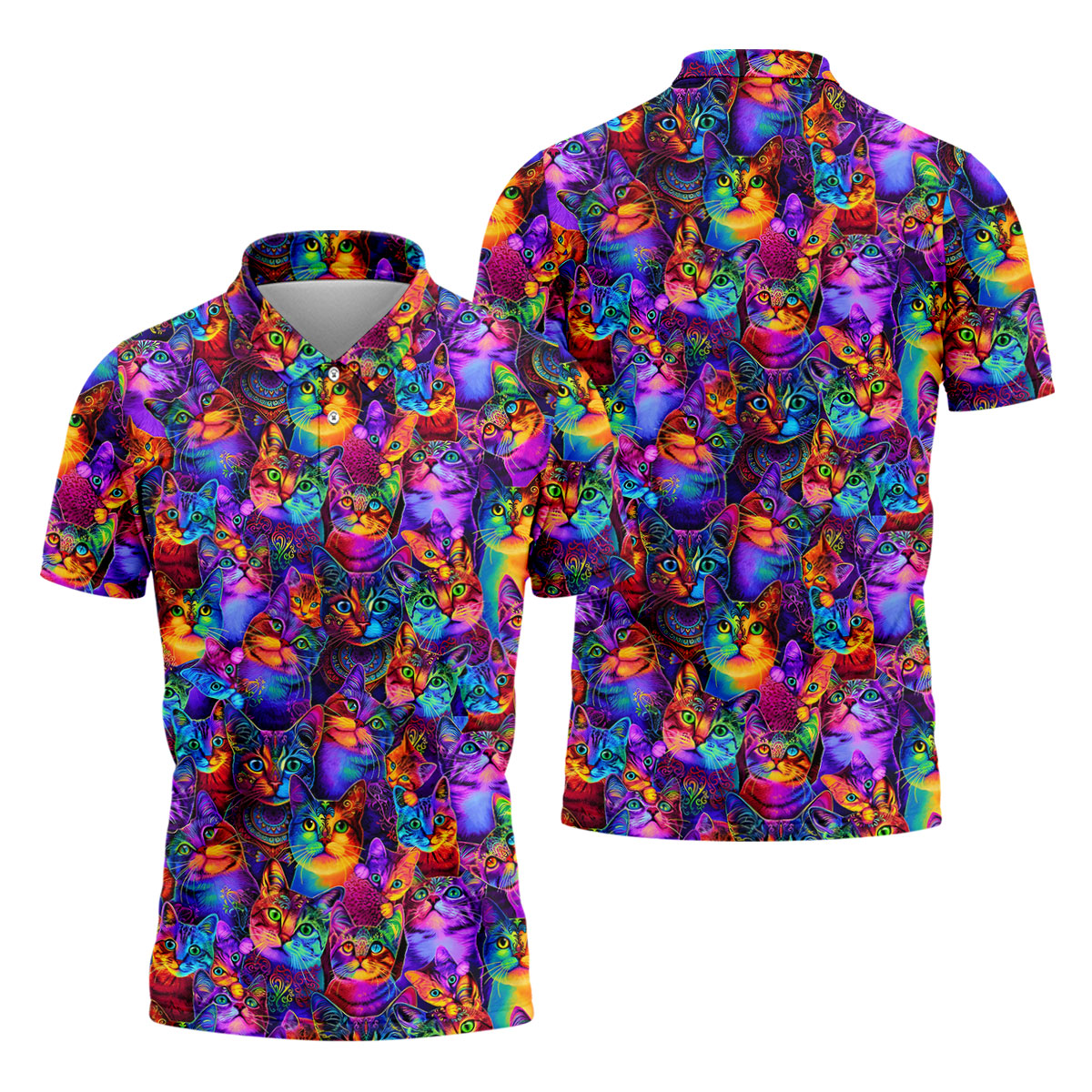 Psychedelic Cat Golf Shirt, Colorful Neon Cat Pattern, Polo Shirts For Men