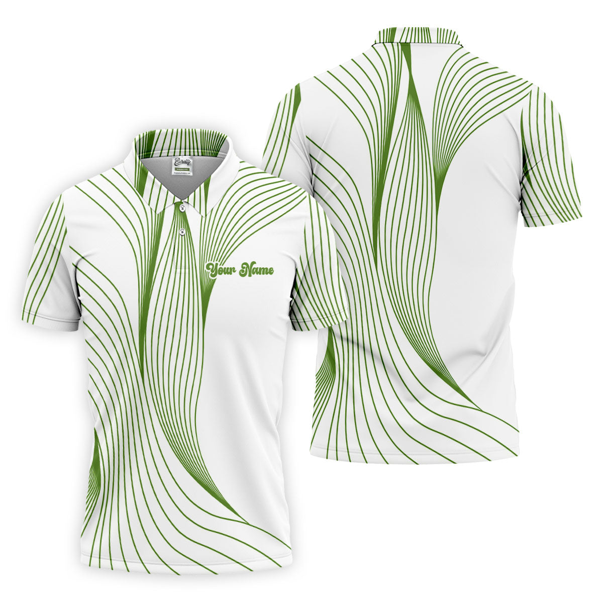 Geometric Line Wavy Line Green And White Custom Name Golf Shirts For Men, Men's Golf Shirt, Polo Shirt Men