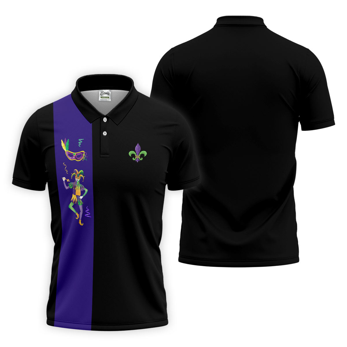 Mardi Gras Festival Jester Figure Fleur De Lis Symbol Black Golf Shirt, Polo ShirtFor Men, Golf Shirts For Men