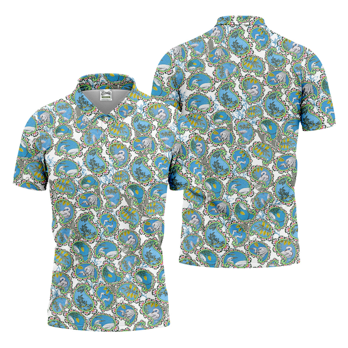Paisley Flowers Heron Painting Print Golf Shirt, Polo Shirtor Men, Golf Shirts For Men