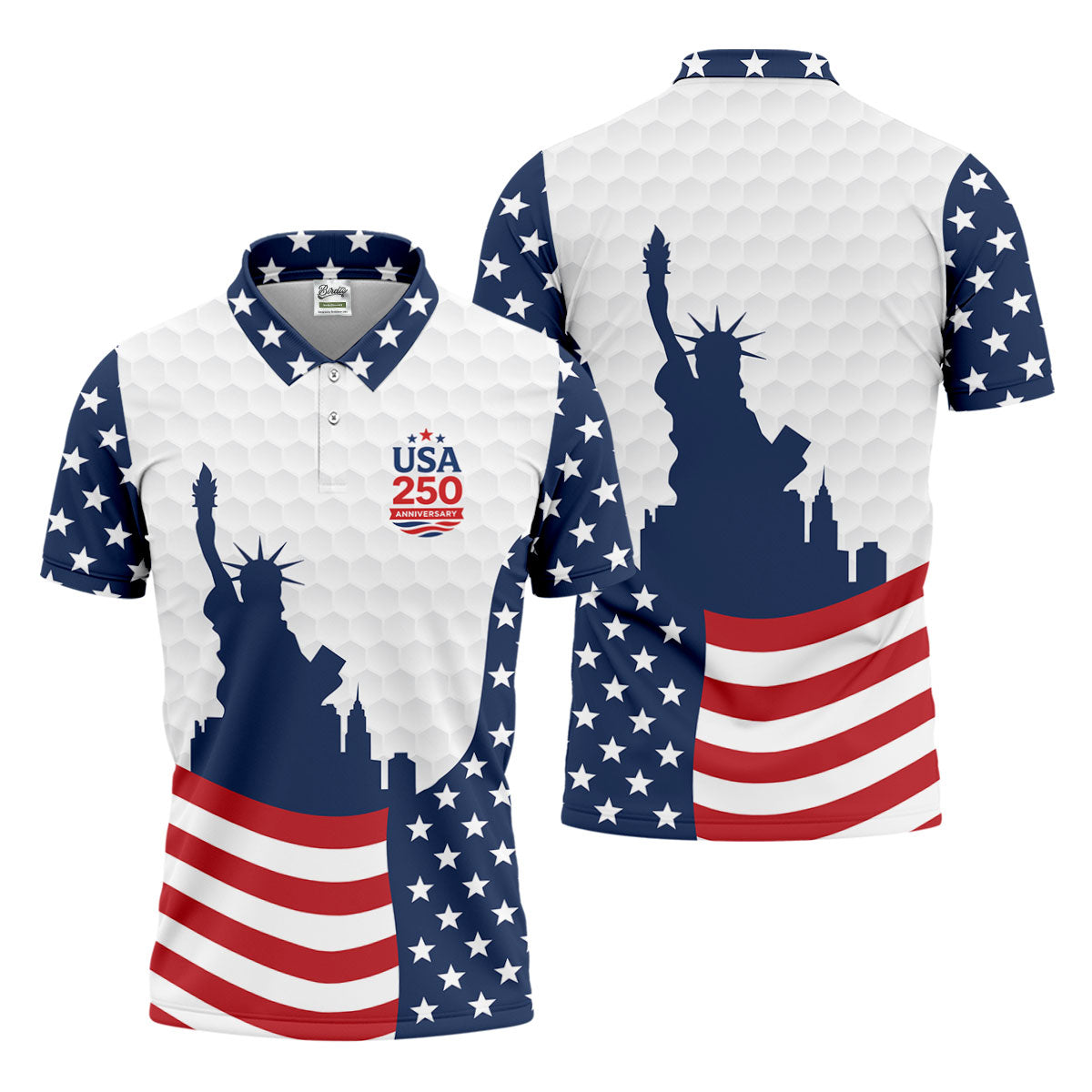 USA 250 Anniversary Silhouette Of Statue Of Liberty White Golf Shirt, 4th Of July Golf Shirts For Men
