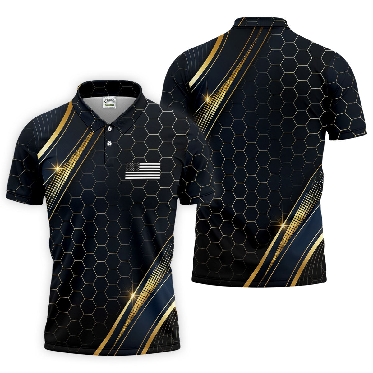 Gold Hexagonal US Flag Logo Retro Golf Shirt, 250 Years Patriotic 4th Of July Golf Shirts For Men