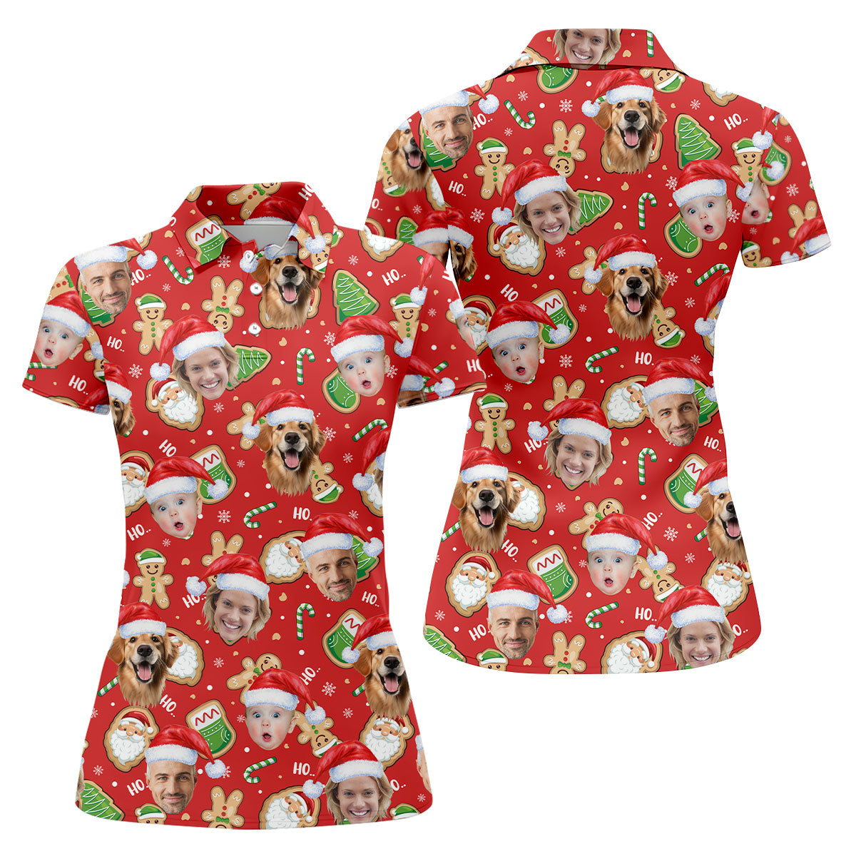 Custom Face Ho... Gingerbread Pattern Red Golf Shirt, Christmas Golf Shirt, Women's Golf Tops, Golf Gift For Ladies