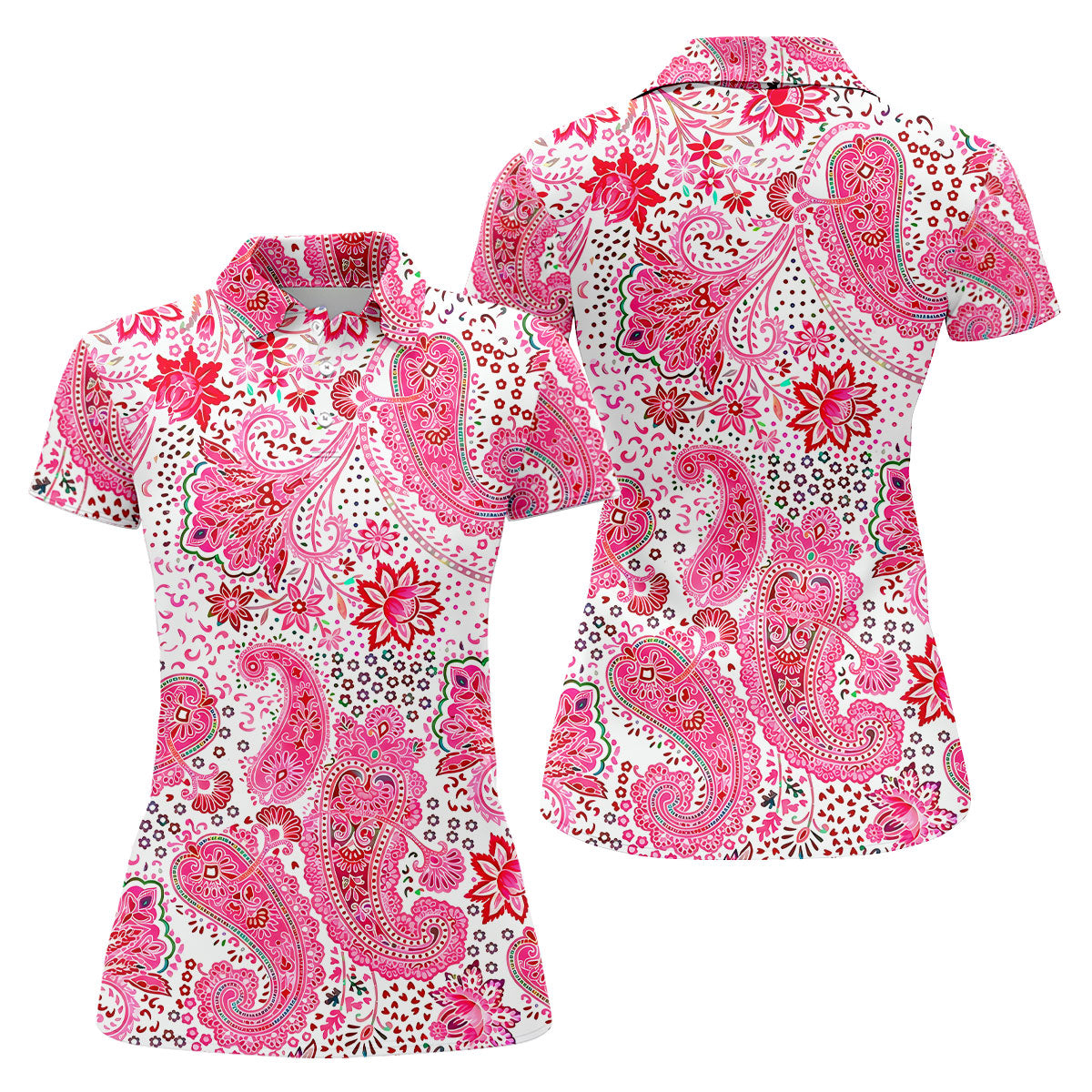 Pink Paisley Floral Pattern Golf Shirt, Golf Tops For Women, Hawaiian Golf Shirt, Women’s Golf Apparel
