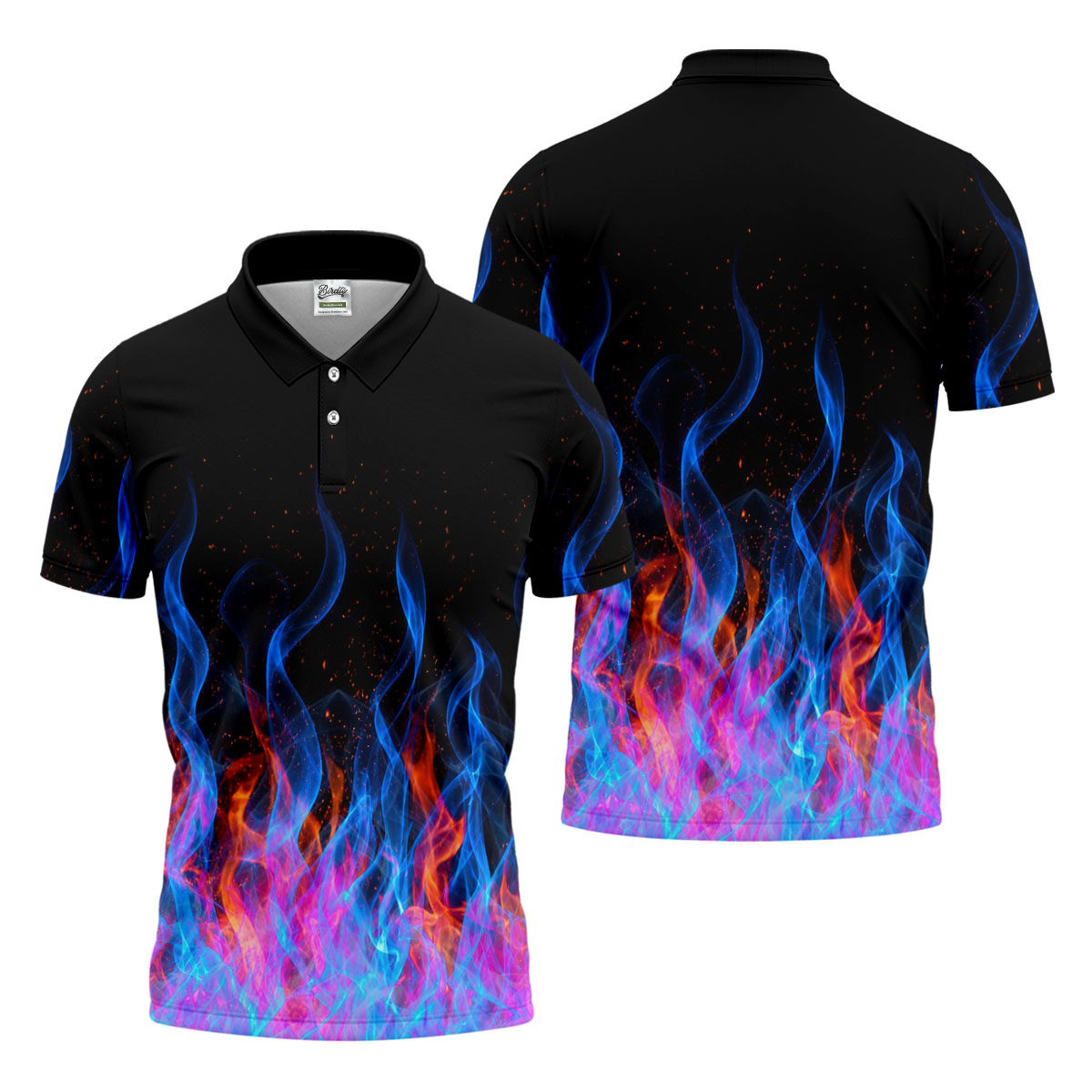 Black Blue Flame Fire Pattern Golf Shirt, Men's Golf Shirt, Mens Polo Shirts, Printed Golf Shirts
