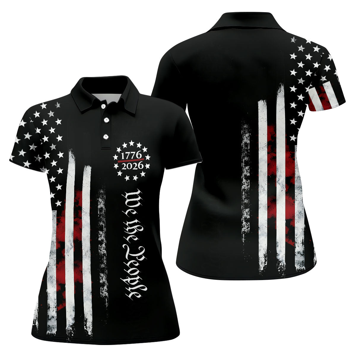 We The People Distressed Flag Patriotic Black Golf Shirt, 250 Years 4th Of July Golf Shirt For Women