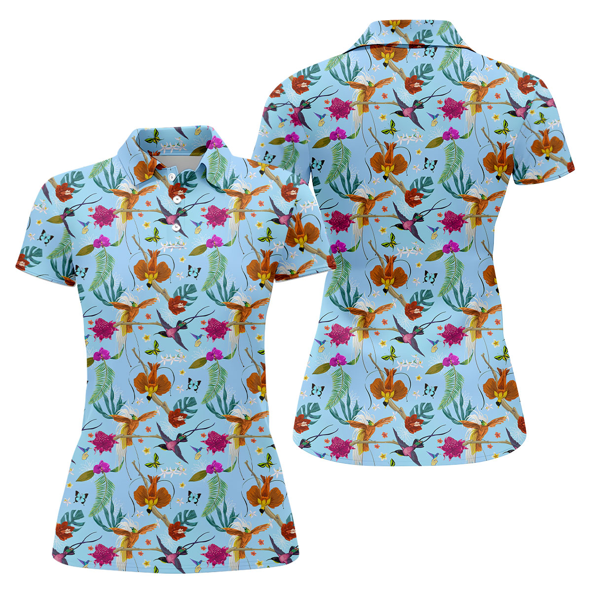 Hummingbird Paradise Golf Shirt, Tropical Flower Garden Pattern, Golf Shirt For Women