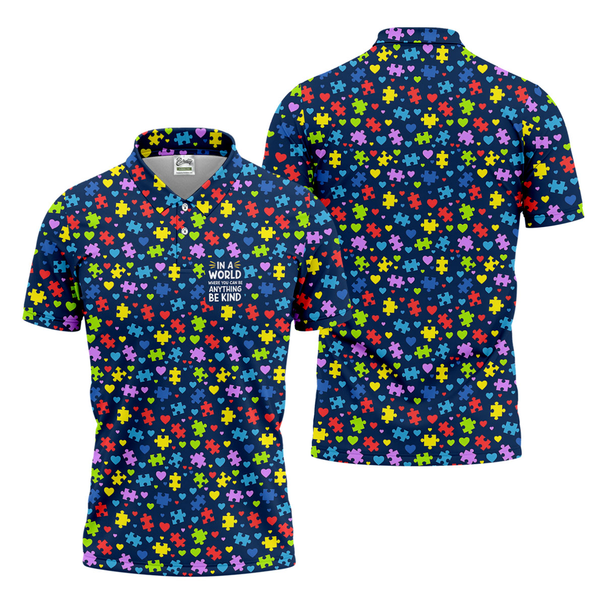 In A World Where You Can Be Anything Be Kind Autism Awareness Puzzle Pattern Navy Golf Shirt, Polo ShirtFor Men