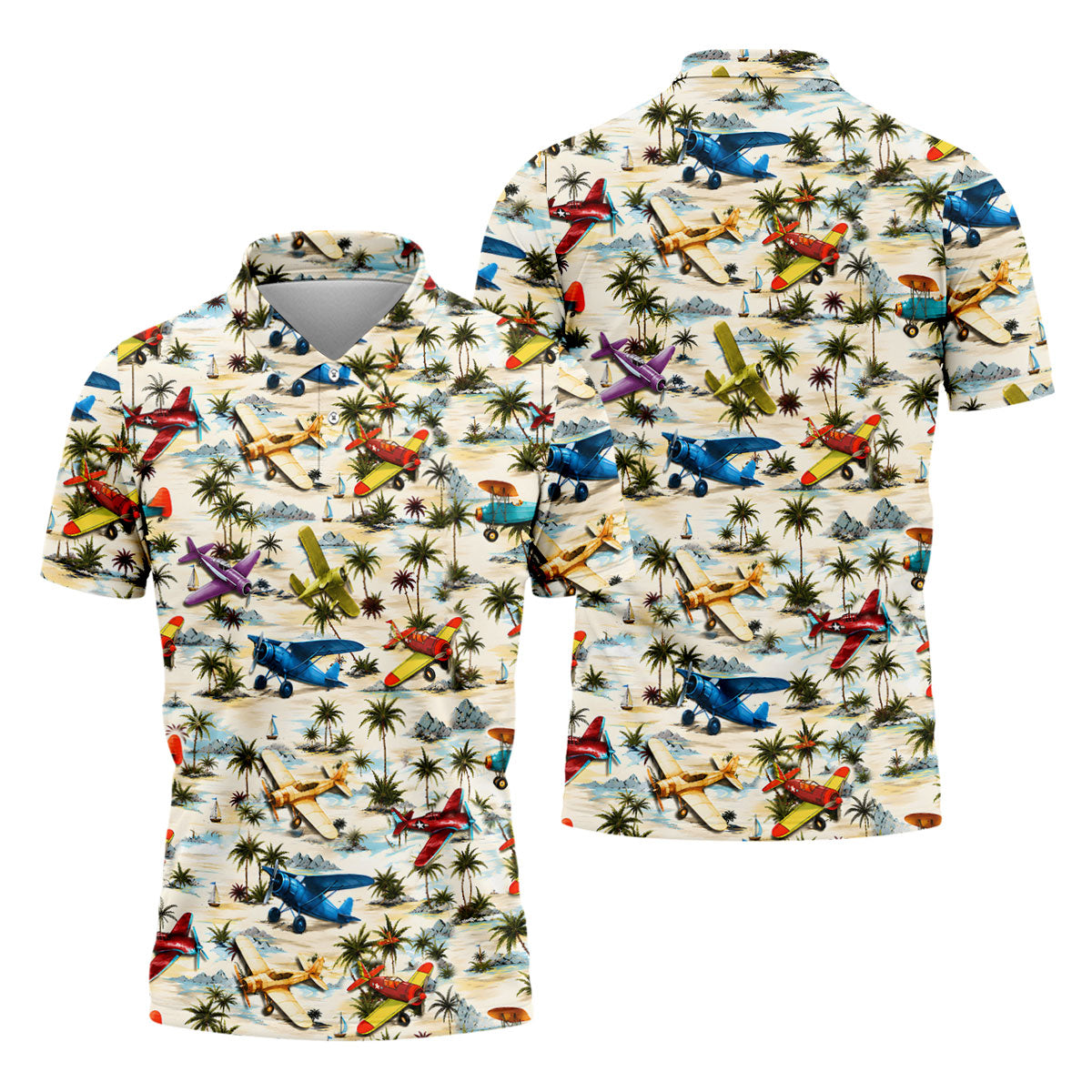 Vintage Airplane Hawaiian Golf Shirt, Tropical Aircraft Pattern, Polo Shirts For Men