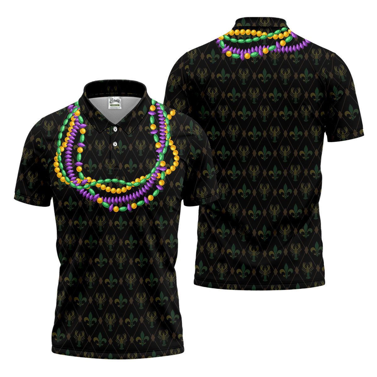 Mardi Gras Beads Chain Crawfish Fleur De Lis Black Golf Shirt, Polo ShirtFor Men, Golf Shirts For Men