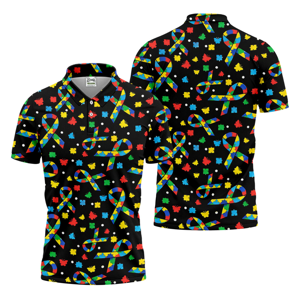 Autism Awareness Ribbon Colorful Butterflies Black Golf Shirt, Golf Tops For Men, Golf Shirts For Men