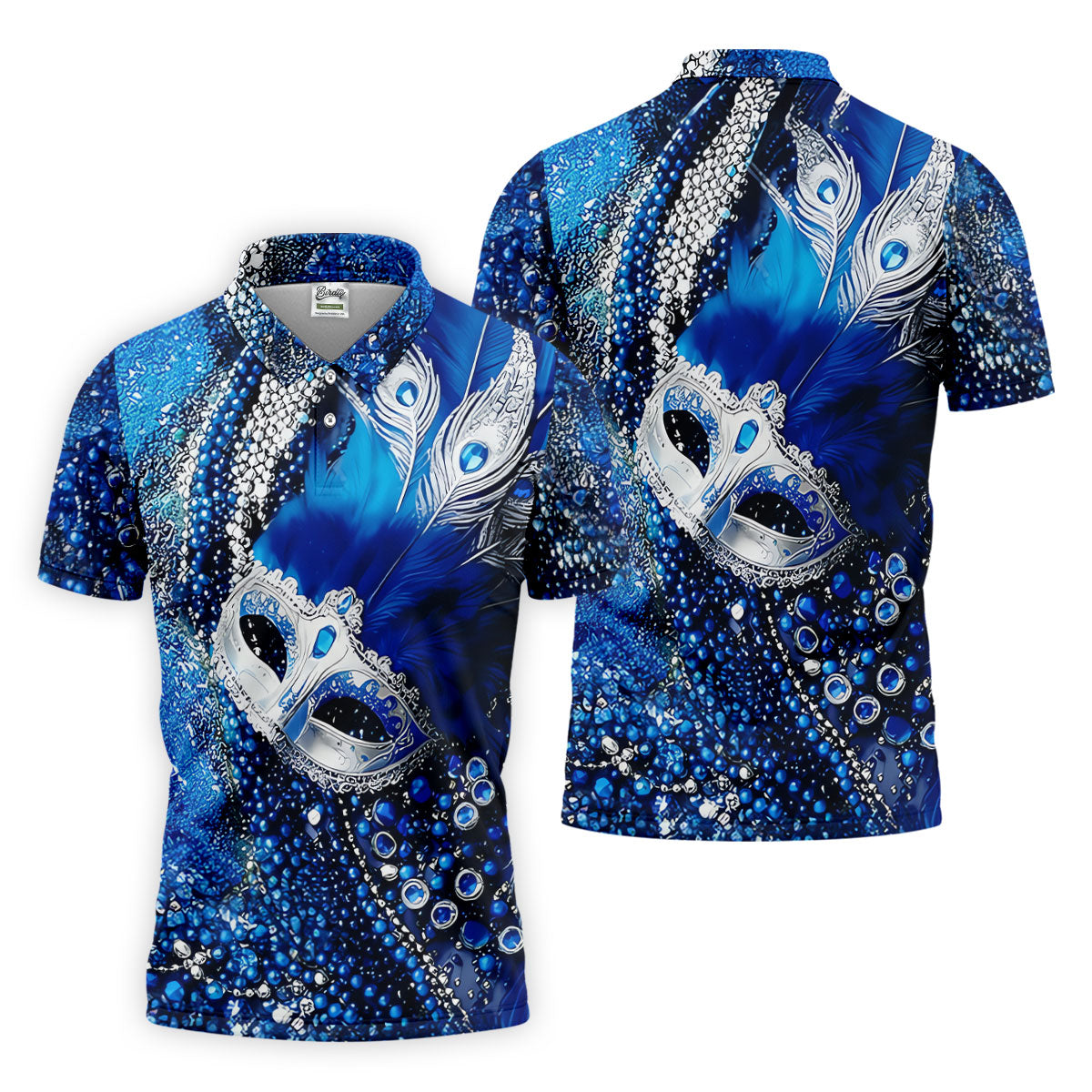 Mardi Gras Masquerade Mask Feather Beads Blue Golf Shirt, Polo ShirtFor Men, Golf Shirts For Men