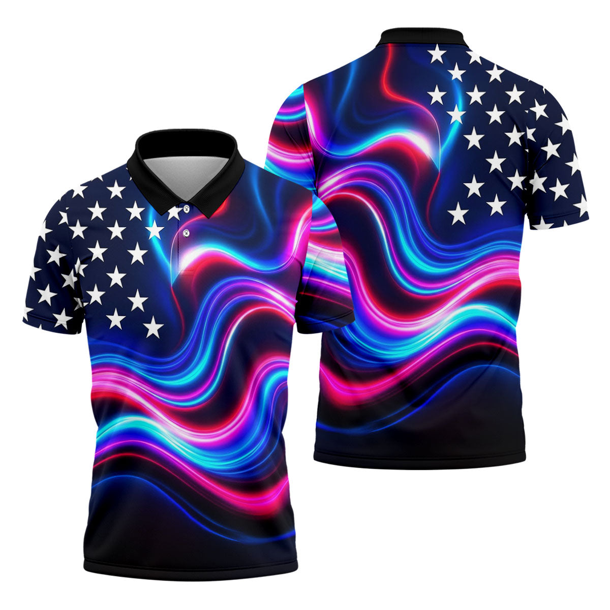 Star Pattern Neon Color Wavy Stripes 250th Anniversary, Patriotic 4th Of July Golf Shirts For Men