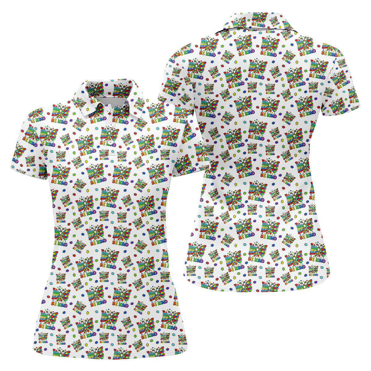 In A World Where You Can Be Anything Be Kind Rainbow Butterfly Autism Awareness White Golf Shirt, Women's Golf Tops