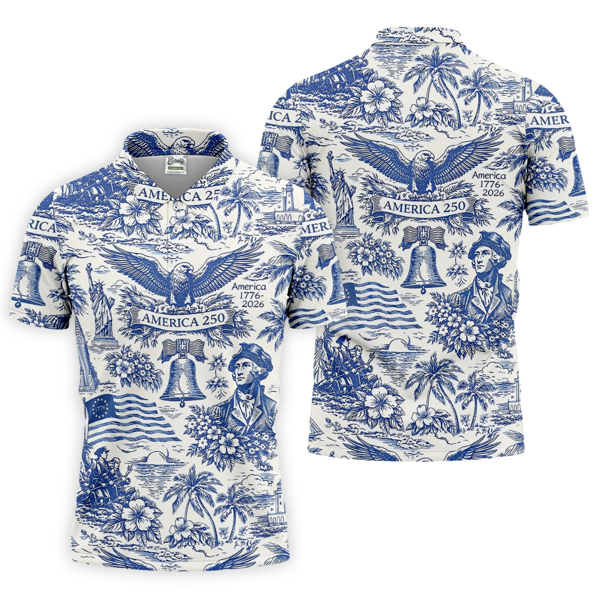 250th Anniversary Toile De Jouy American Symbols Vintage Golf Shirt, Patriotic 4th Of July Golf Shirts For Men