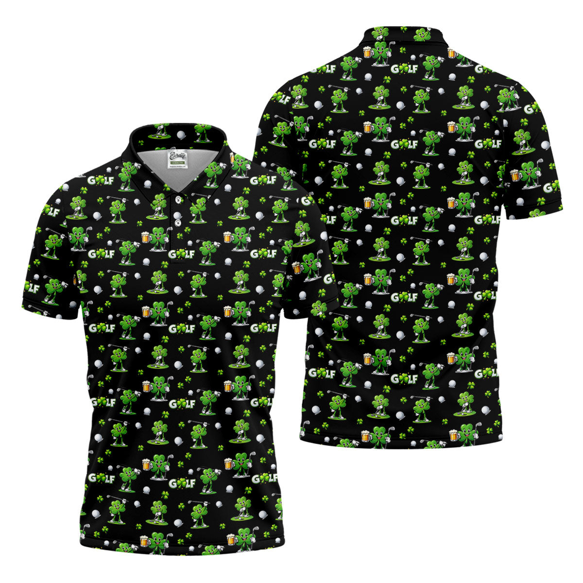 Three Leaf Clover Golf And Beer St Patrick's Day Black Golf Shirt, Fun Golf Shirts For Men, Polo ShirtFor Men