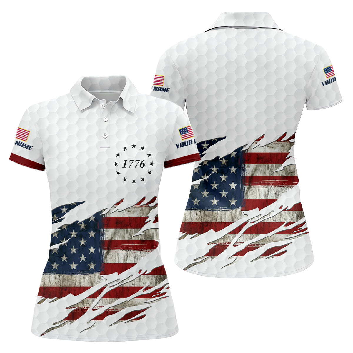American Flag Cross Golf Ball Pattern Women's Golf Tops, 250th Anniversary Ladies Golf Shirts