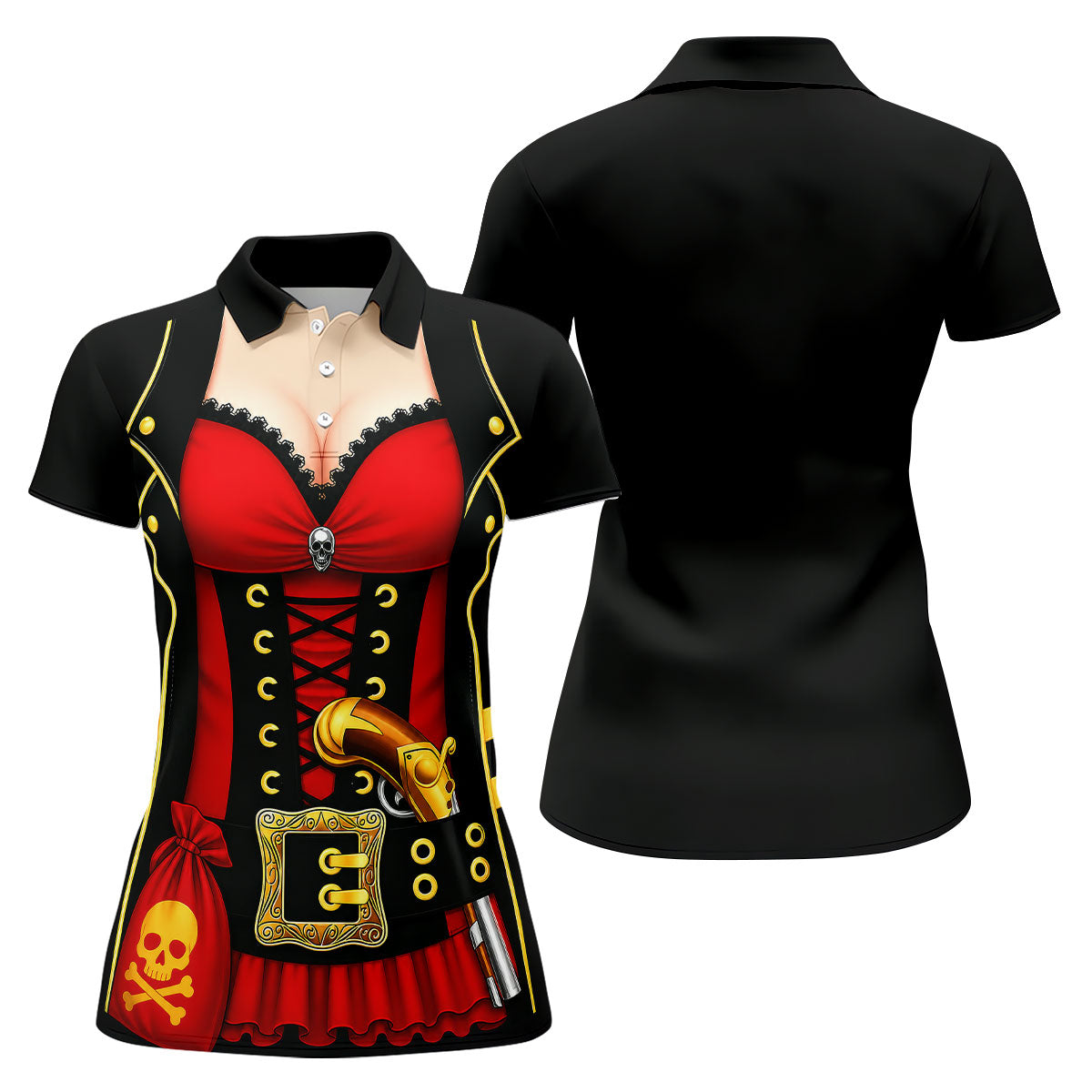 Red Corset Pirate Costume Skull Belt Golf Shirt, Women’s Golf Polo, Ladies Golf Tops, Printed Golf Shirt