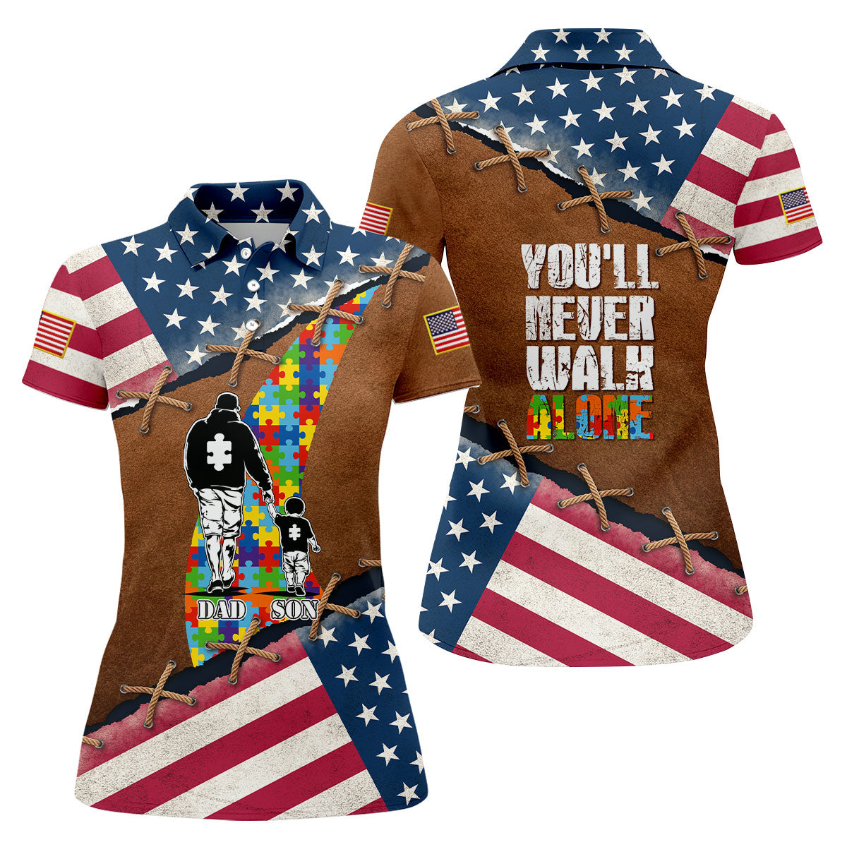 You'll Never Walk Alone Autism Awareness Patriotic Golf Shirt, Golf Shirt For Women, Ladies Golf Shirts