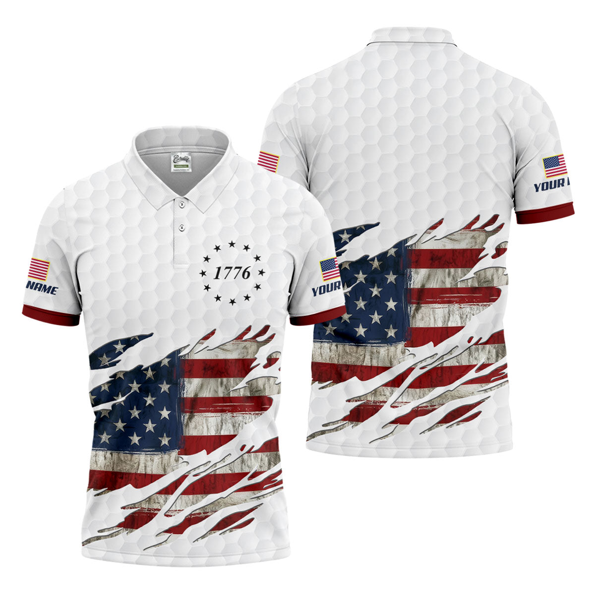 American Flag 1776 Golf Ball Pattern Golf Shirts For Men, 250th Anniversary Polo Shirt Men