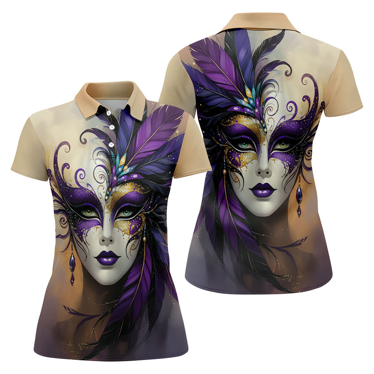 Feather Mask Mardi Gras Golf Shirt, Purple And Beige Women's Golf Tops, Ladies Golf Shirt