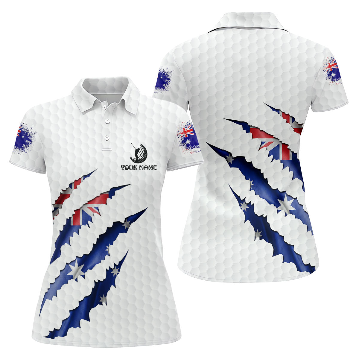 Golf Ball Pattern Australia Flag Print Scratch Effect Ladies Golf Tops, Golf Shirt For Women